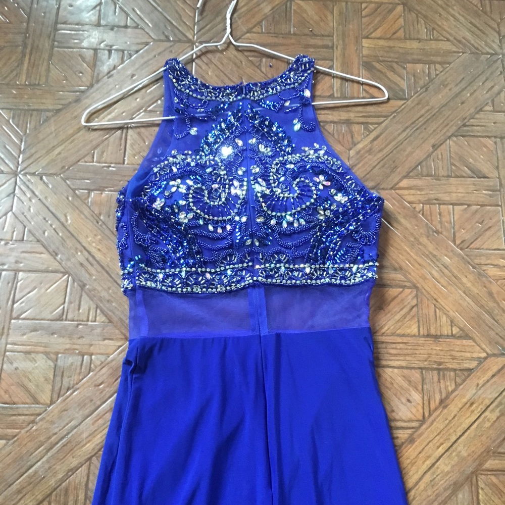 Royal Blue Silk Beaded-Mesh Prom Dress